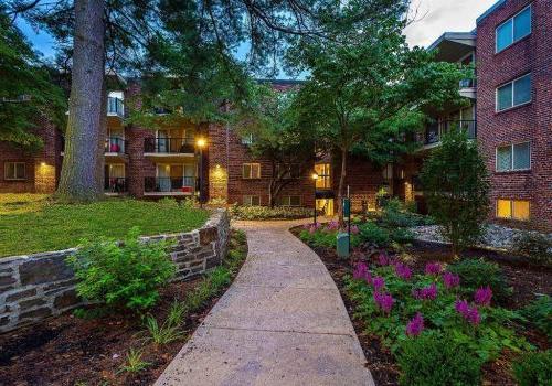 Entrance walkway to residential building lined with purple flowers at Haverford Court apartments